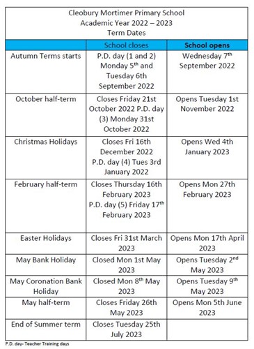 Term Dates | Cleobury Mortimer Primary School